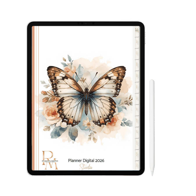 Planner digital com borboleta e flores + papelaria personalizada + Studio Rita Medeiros.