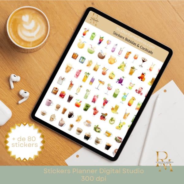 Planner digital com stickers de bebidas e cocktails + categoria papelaria personalizada + Studio Rita Medeiros.
