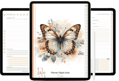 Planner digital com borboleta e flores + papelaria personalizada + Studio Rita Medeiros.