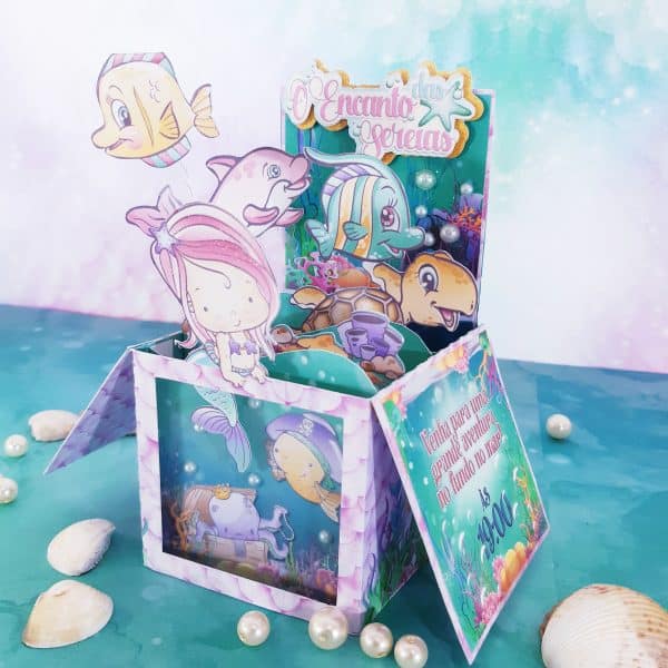 Convite de aniversário caixa 3D Pop-up - Tema Sereia - Studio Rita Medeiros