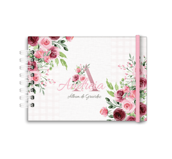 Árvore de flores rosa e verde em fundo de caderno personalizado com nome "Andreza" e texto "Álbum de Recordações" em português, ideal para organização feminina e papelaria artesanal.