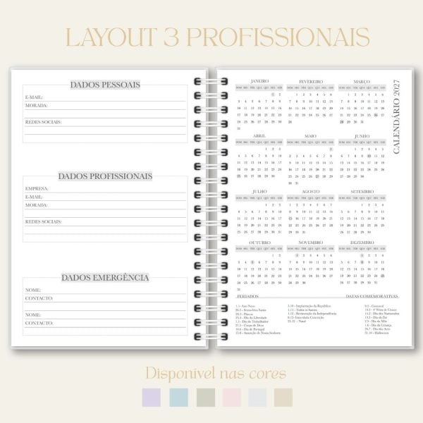 Imagem de uma página de calendário com layout para três profissionais, incluindo seções para dados pessoais, profissionais e emergência, em Portugal.