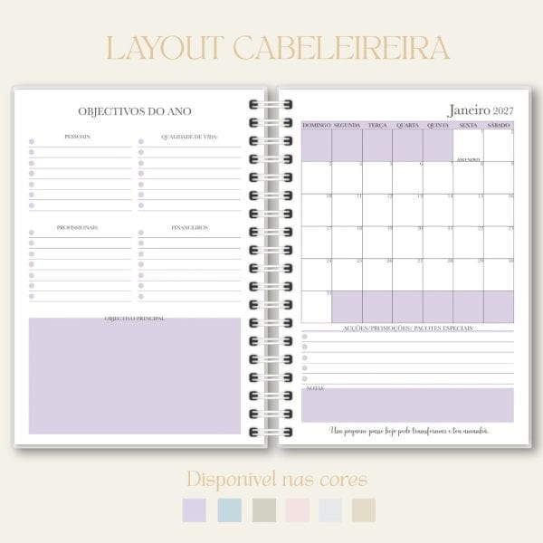 Layout de agenda de cabeleireira, papelaria, Studio Rita Medeiros.