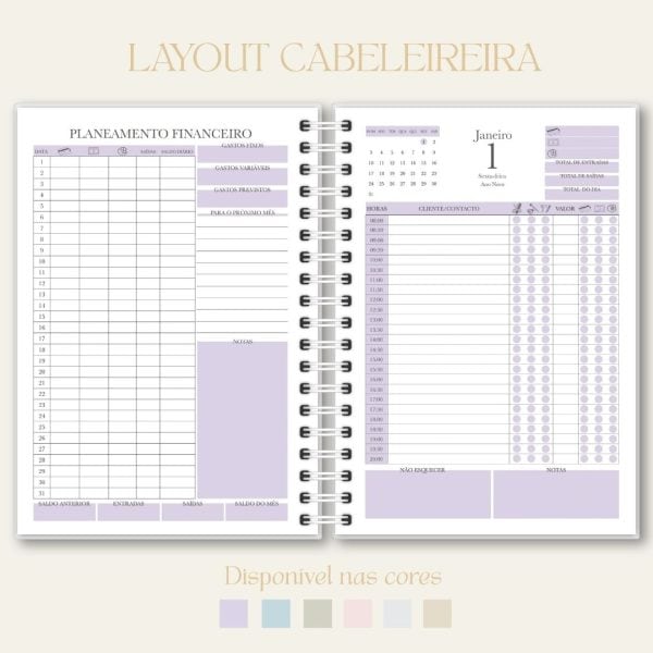 Layout de agenda de cabeleireira, papelaria, Studio Rita Medeiros.