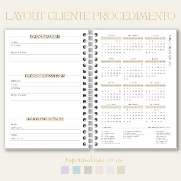 Imagem de um calendário de parede com layout de procedimento de cliente, categorias de dados pessoais, profissionais e emergência, em Portugal.