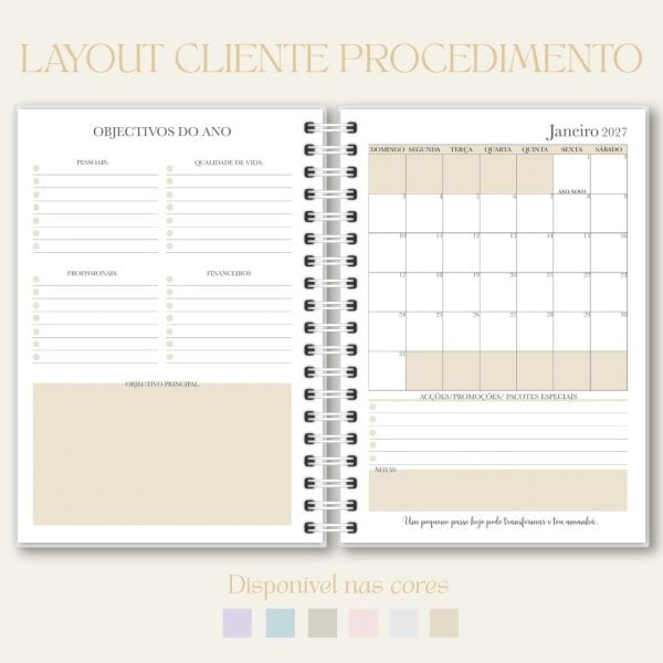 Layout de agenda personalizado, papelaria, Studio Rita Medeiros. Máx 125 caracteres. Sem claims.