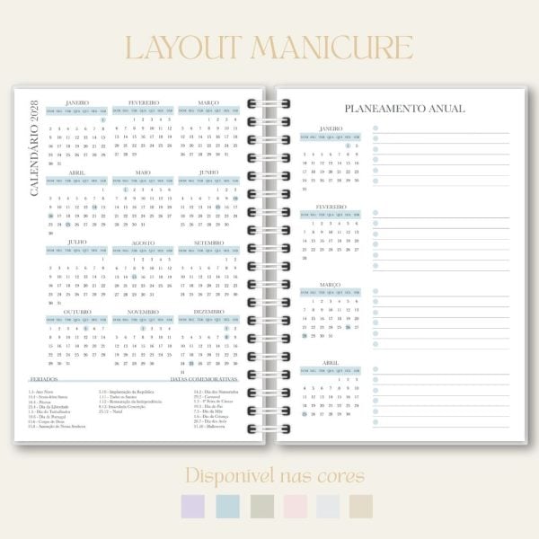 Calendário de 2022, layout de manicure, papelaria, Studio Rita Medeiros.