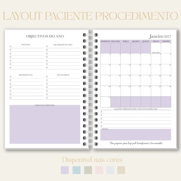 Layout de agenda, papelaria, 'Studio Rita Medeiros'. Máx 125 caracteres. Sem claims.
