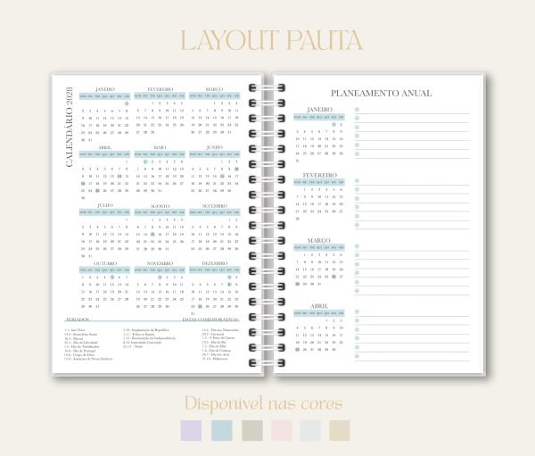 Calendário de página dupla, papelaria, “Studio Rita Medeiros”. Máx 125 caracteres. Sem claims. Sem inventar.