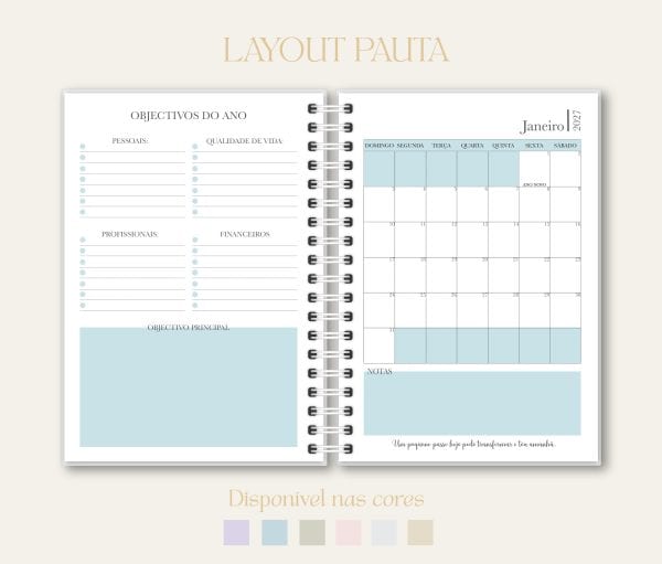Layout de agenda, papelaria, "Studio Rita Medeiros". Máx 125 caracteres. Sem claims. Sem inventar. Linguagem: português de Portugal.