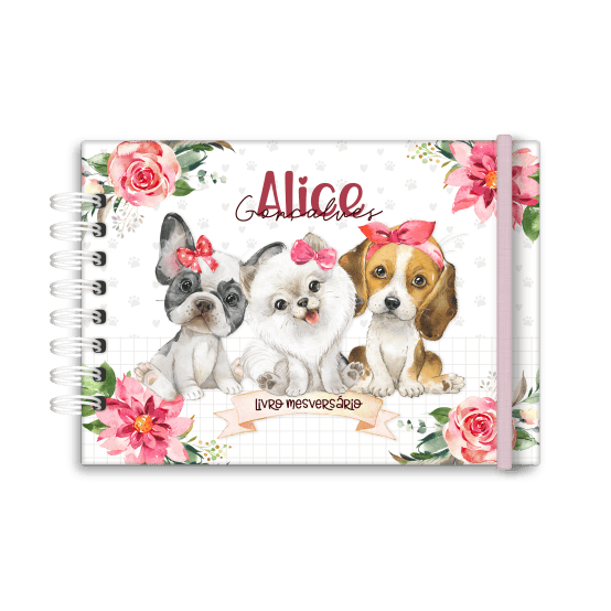 livro de mesversário personalizado tema cachorro menina - Studio Rita Medeiros
