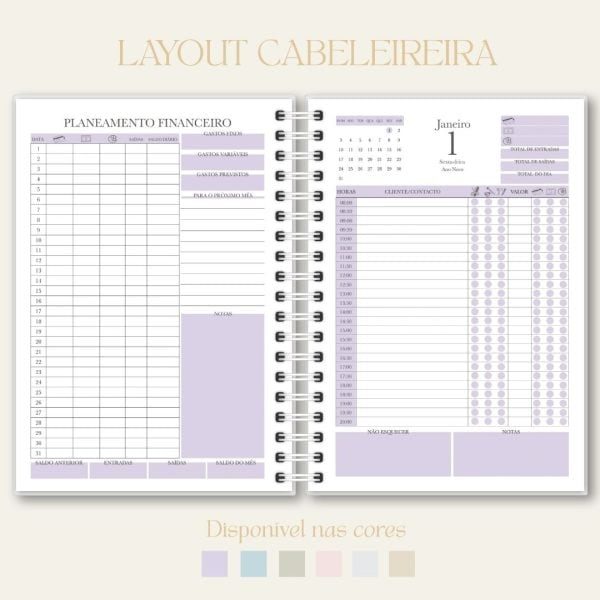 Layout de agenda de cabeleireira, papelaria, Studio Rita Medeiros.