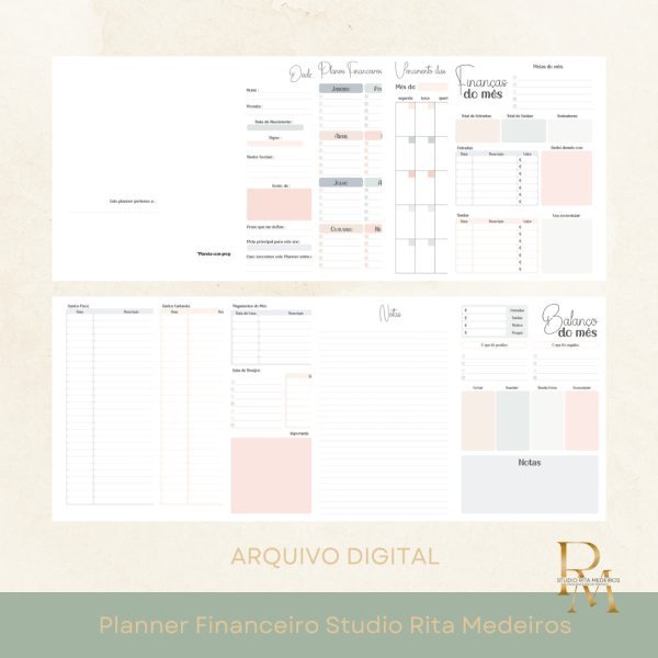 Planeador financeiro digital visível + papelaria personalizada + Studio Rita Medeiros.