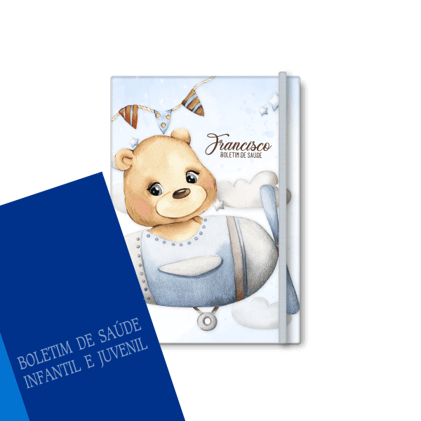 capa do boletim de saúde personalizada - tema urso piloto de avião - Studio Rita Medeiros