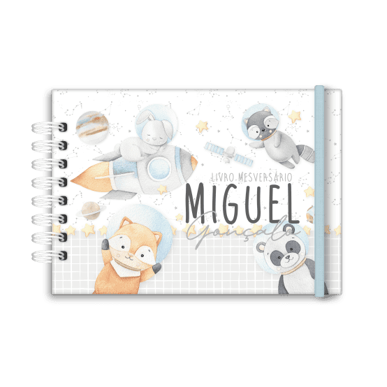 livro de mesversário personalizado tema animais astronautas - Studio Rita Medeiros