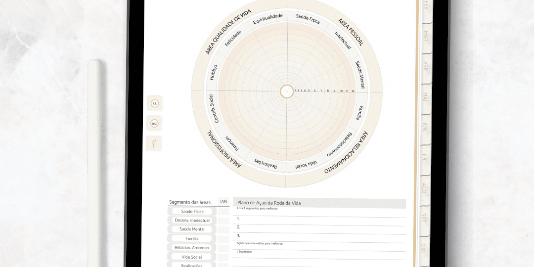 Roda da Vida visível em planner de organização Studio Rita Medeiros.